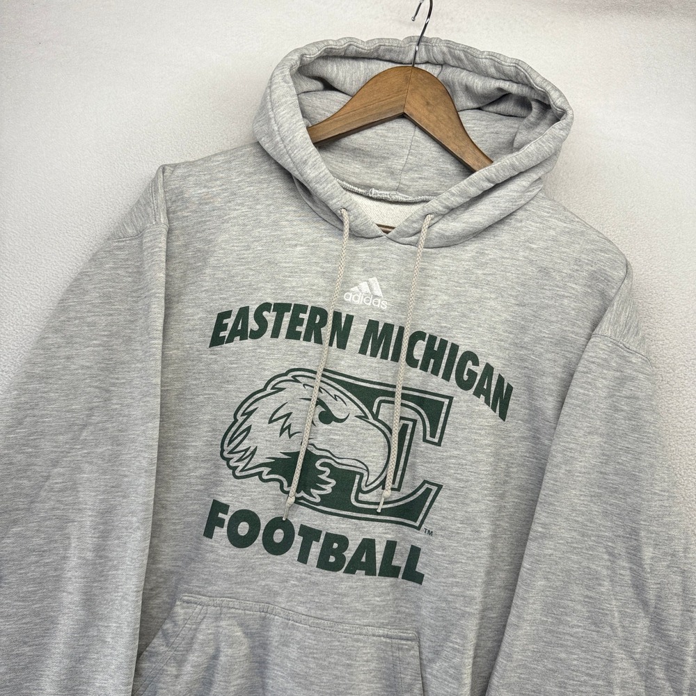 Vintage Eastern Michigan Football Hoodie Mens XL Gray Football Adiad Center logo